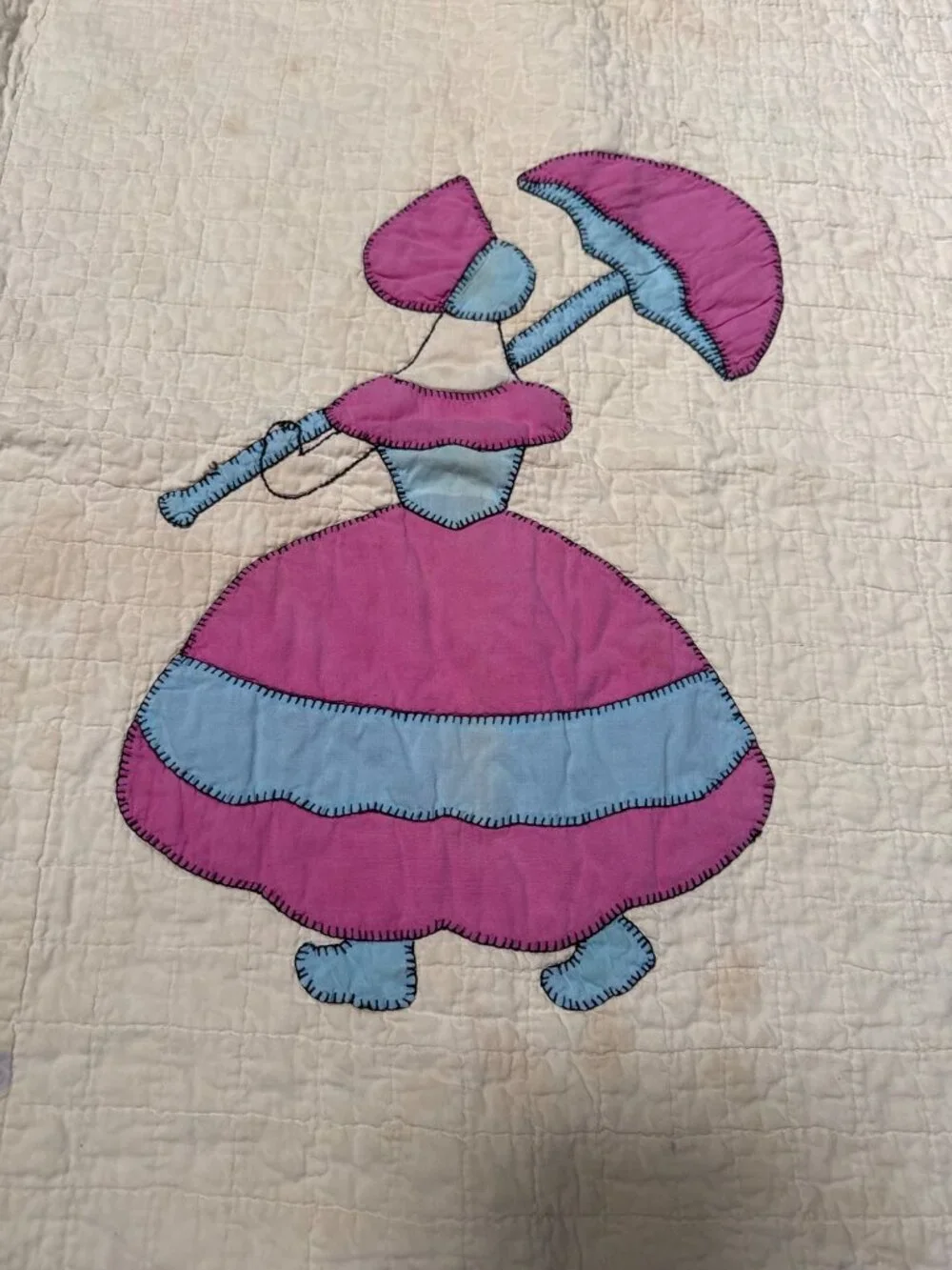 Vintage Quilt Southern Belle Sunbonnet Sue Appliqué Pink Blue Cream Approx. 47